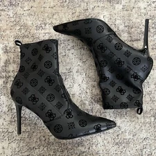 Guess Dafina Velvet Faux Leather Pull On Heels Pointed Toe Black Ankle Boots 8.5