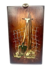 Vintage Handpainted Wooden Wall Plaque Gardening Shovel on Fence Post SIGNED MJR