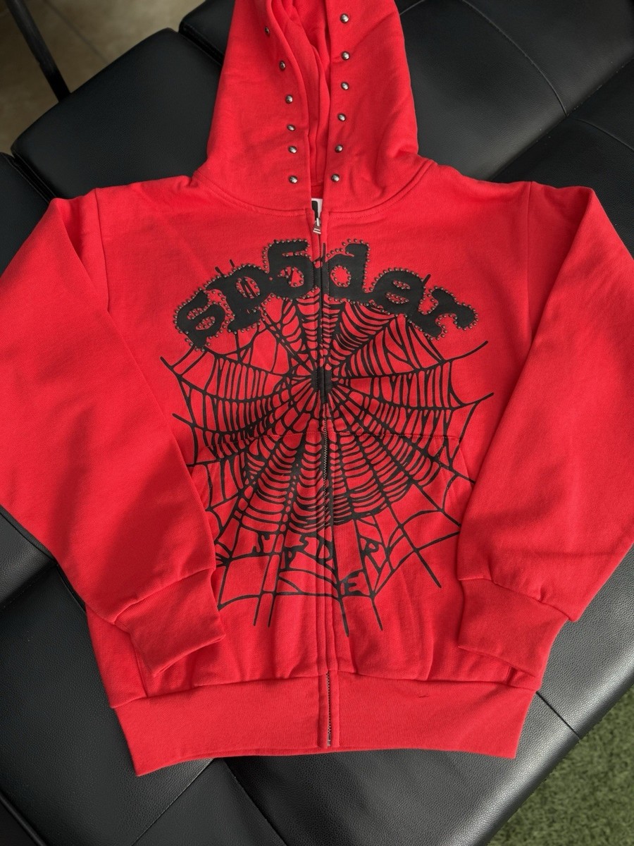 Sp5der Worldwide Red Zip Up Studded Hoodie Size Medium (NEW) 100