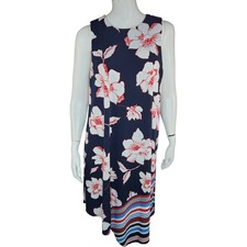 Dressbarn Navy Floral Striped Sleeveless Asymmetrical Hem Dress Womens 10 Midi