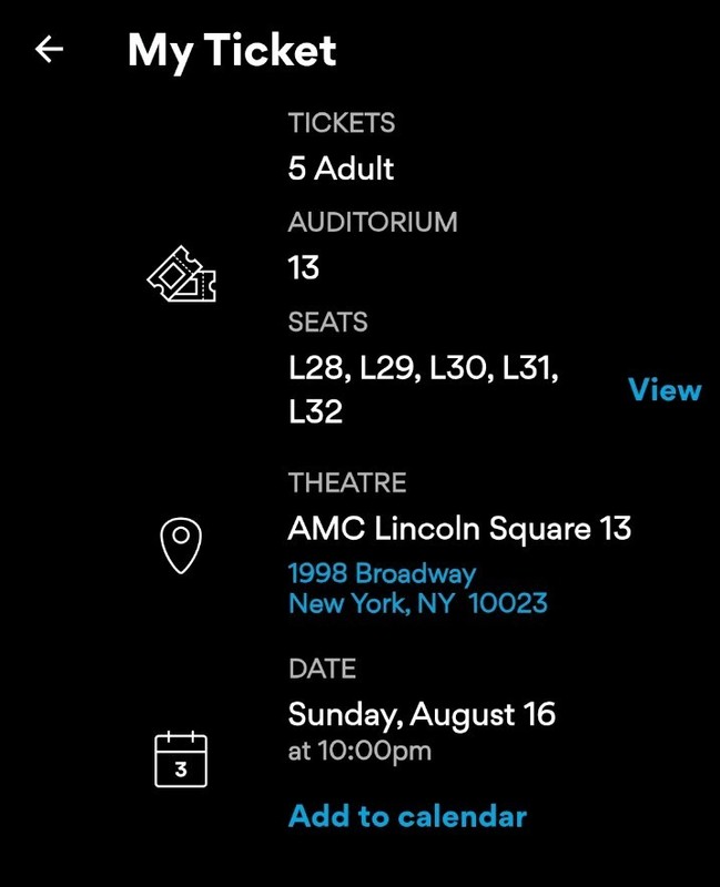 4x Odyssey 70mm Imax Sunday 8/16/26 10pm NYC Lincoln Square L29/L30/L31/L32