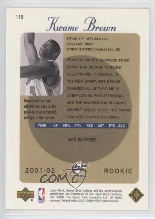 2001-02 Upper Deck Sweet Shot 2001-02 Rookie /600 Kwame Brown #119 Rookie RC - Image 2 of 2