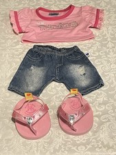 Build A Bear Pink I'm Fabulous Top Denim Shorts  Pink Sandals BABW
