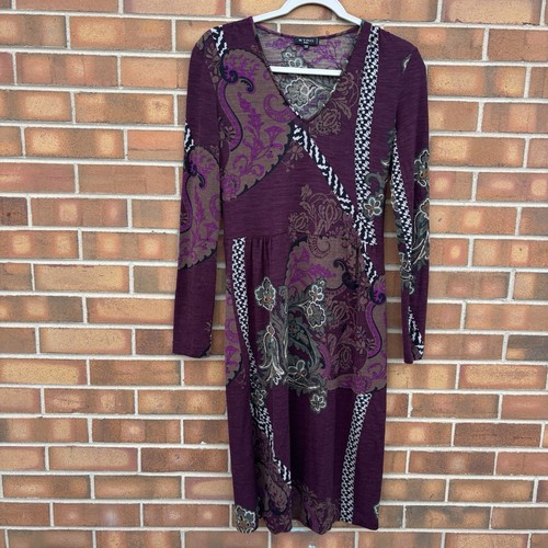Etro, Etro Paisley Print Midi Dress Sz 38 Purple Wool Blend Long Sleeve Italian Boho