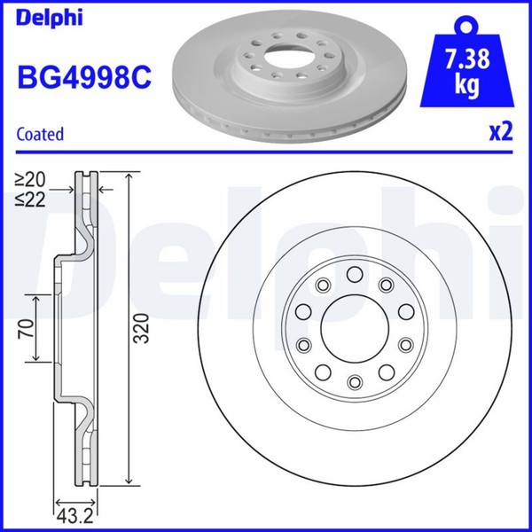 2X Bremsscheibe Delphi BG4998C FüR Alfa Stelvio Giulia 952ABA25B 952ACA25 949-image