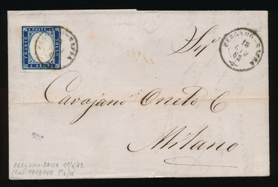 1862 SARDINIA 20 C DARK INDIGO BERGAMO 18/6 F/4380
