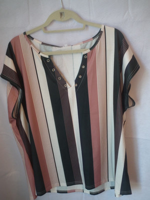 ETCYY New Size 2Xl Women's Blouse Rose Pink, White and Navy Stripes NWT