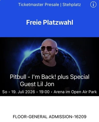 Pitbull I'm Back! + Lil Jon 19.07.2026 Düsseldorf Arena Open Air Park Stehplatz