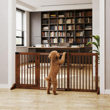 Adjustable Wooden Pet Gate Freestanding for Dogs Cats 44.5"-65" L Brown