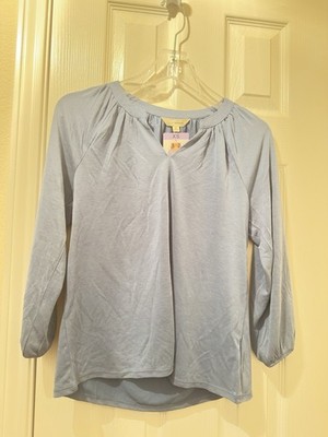 lucky brand womens top blouse size xs blue delft neck long sleeve solid new