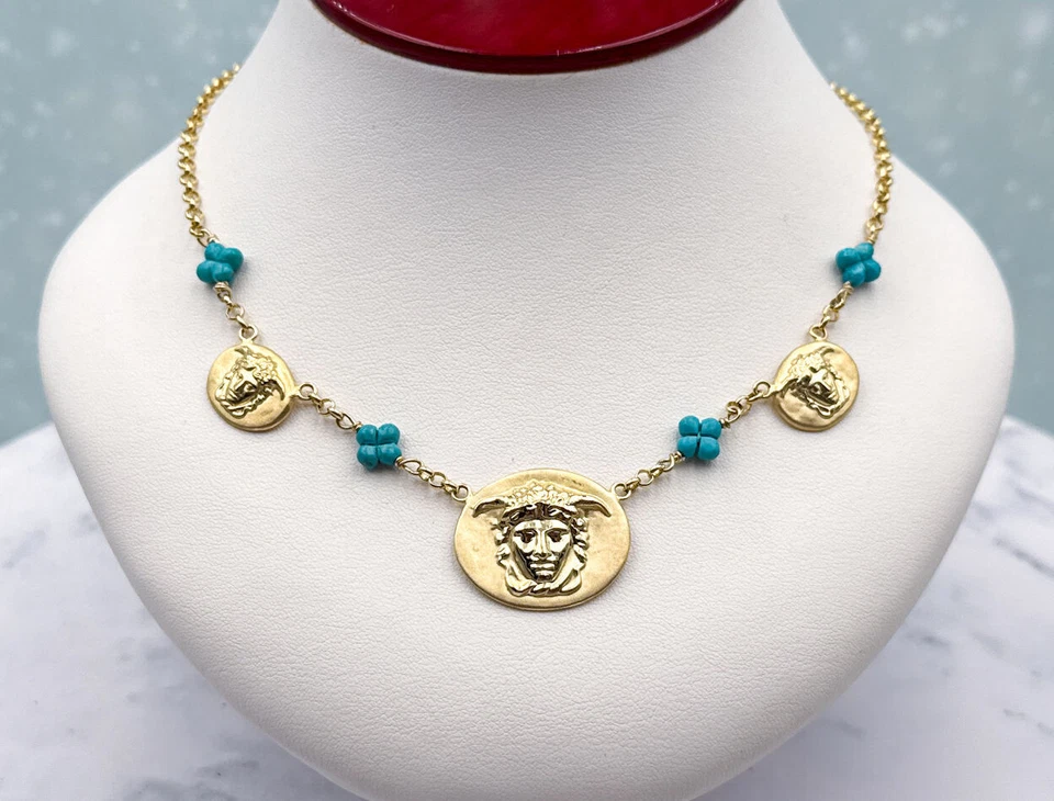 TAGLIAMONTE Designs(1782N) 925SS/YGP Cameo Necklace w/ Turquoise*Medusa*Reg.$300 - Image 2 of 4