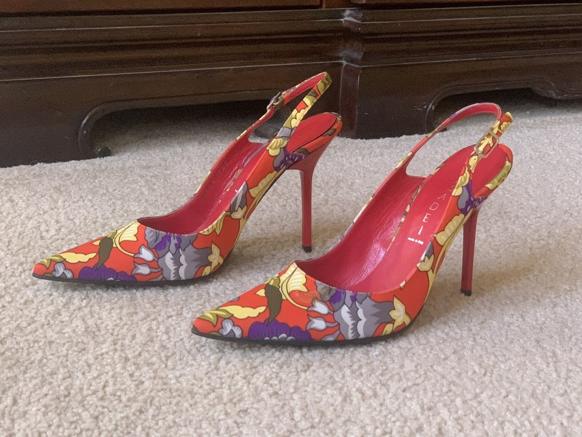 New Casadei Red Floral Slingback Leather Heels Shoes Italy