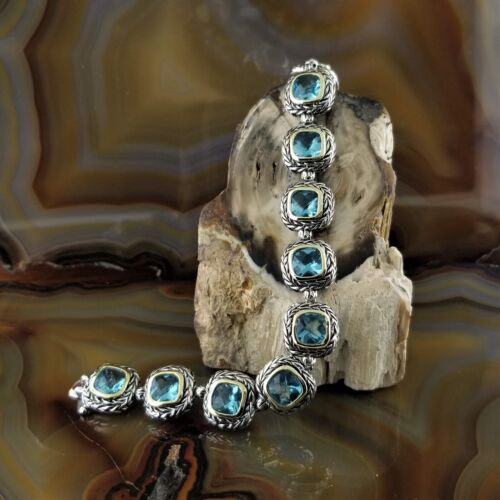 Balinese Silver & Gold Aquamarine CZ Crystal Chunky Cable Bracelet - Picture 1 of 6