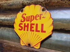 VINTAGE SUPER SHELL PORCELAIN SIGN 6" LUBE OIL GAS STATION SERVICE PUMP PLATE