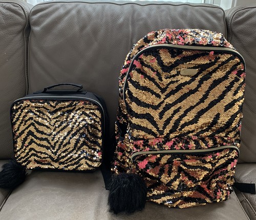 Justice Tigerstreifen Rucksack Brotzeittasche Box rosa gold Flip Pailletten Bommeln