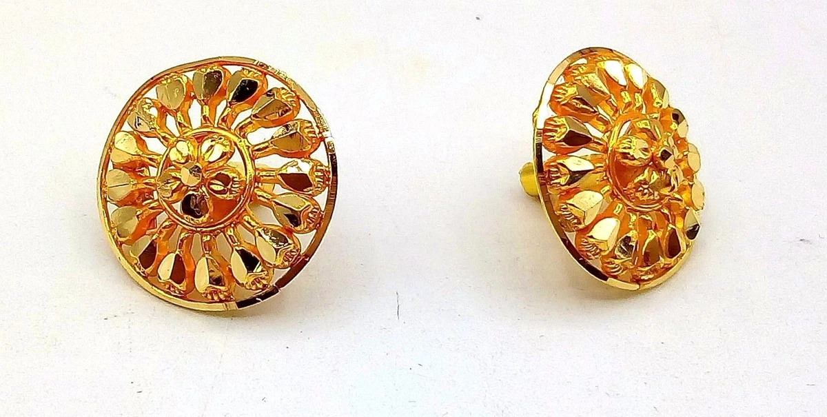 22 K YELLOW GOLD ROUND SHAPE EARRING TOPS NICE HANDMADE DESIGN WOMEN ACCESSORIES