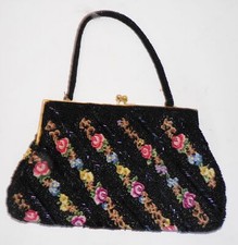 Vintage Black Beaded Floral Petit Point Purse Handbag Hong Kong