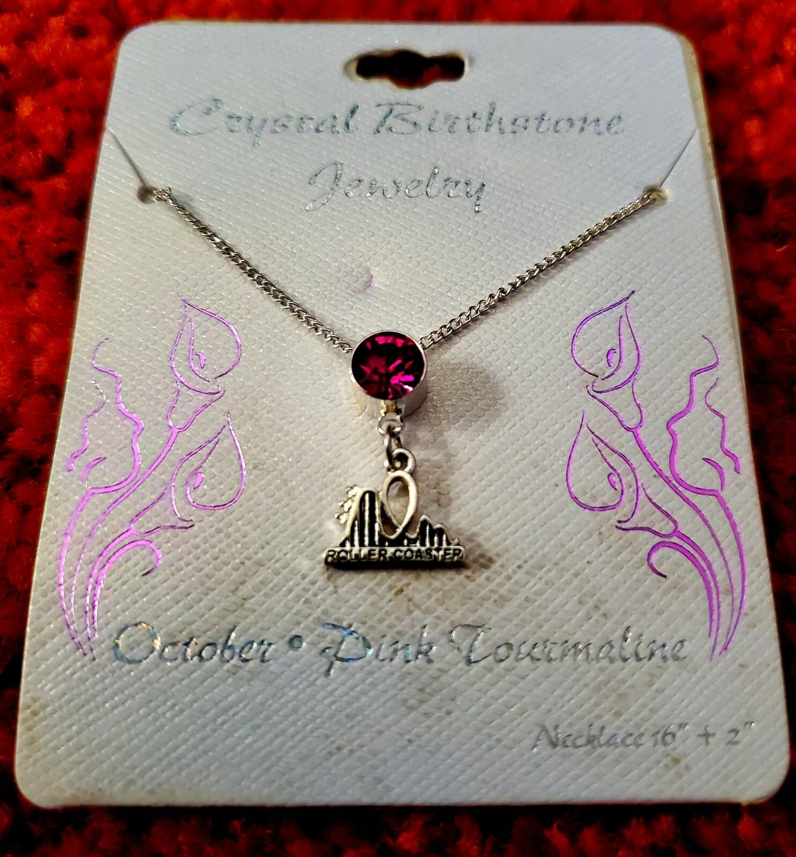 Crystal Birthstone Jewelry w Roller Coaster Charm Necklace Oct. Pink Tourmaline