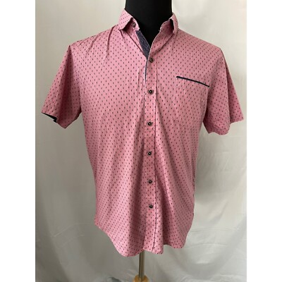 Craft + Flow Salmon/Navy Blue Dot Pattern Short Sleeve Button-up Shirt