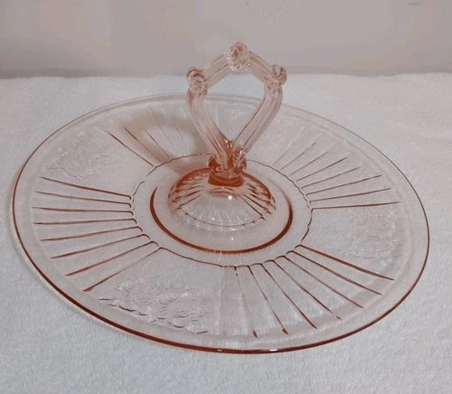 Pink Depression Glass Sandwich Tray Center Handle 1930's by Anchor Hocking