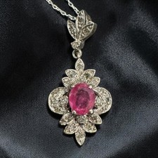 Vintage Ruby & Diamond Pendant Necklace- 925 Sterling Silver Chain Antique Style