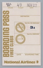 National Airlines First Class Boarding Pass Airline Vintage Miami Flight 49