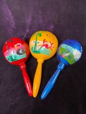 Hand-Painted Wooden Maracas Set Of 3 With Mexico Design Each Red Yellow Blue