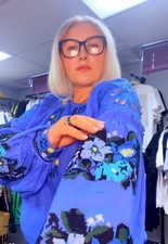 Elegant Ukrainian Embroidered Blouse Top Vyshyvanka Shirt Color Navy Blue,S/M/L