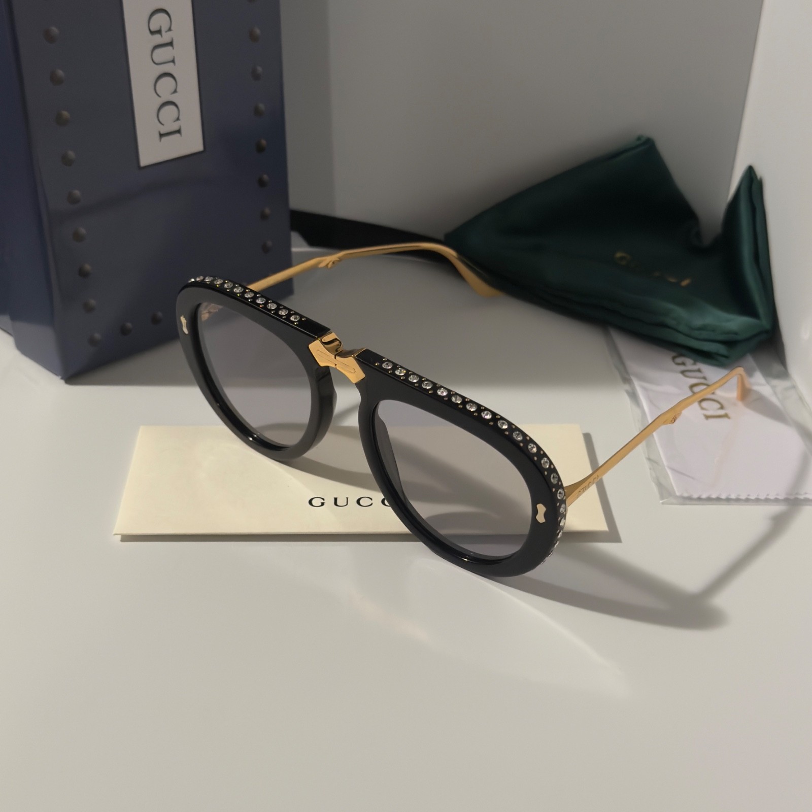 Gucci GG0307S Foldable Sunglasses Black Crystal Studded Gray Lenses Ships Today