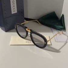 Gucci GG0307S Foldable Sunglasses Black Crystal Studded Gray Lenses Ships Today