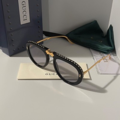 Gucci GG0307S Foldable Sunglasses Black Crystal Studded Gray Lenses Ships Today