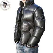 Image of Men's Black Genuine Leather Lambskin Bomber Quilted Motorcycle Puffer Jacket