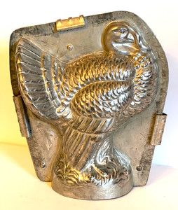 ANTIQUE TURKEY CHOCOLATE MOLD. SIGNED WEYGANT OF NEW YORK. 8 1/2" TALL.