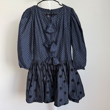 VTG Louis Feraud 80s Blue Polka Dot Puff Sleeve Bow Dress Silk German sz 38