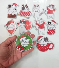 Magnets for fridge, laptop, luggage, car. Christmas cat in cup, stocking, wreath