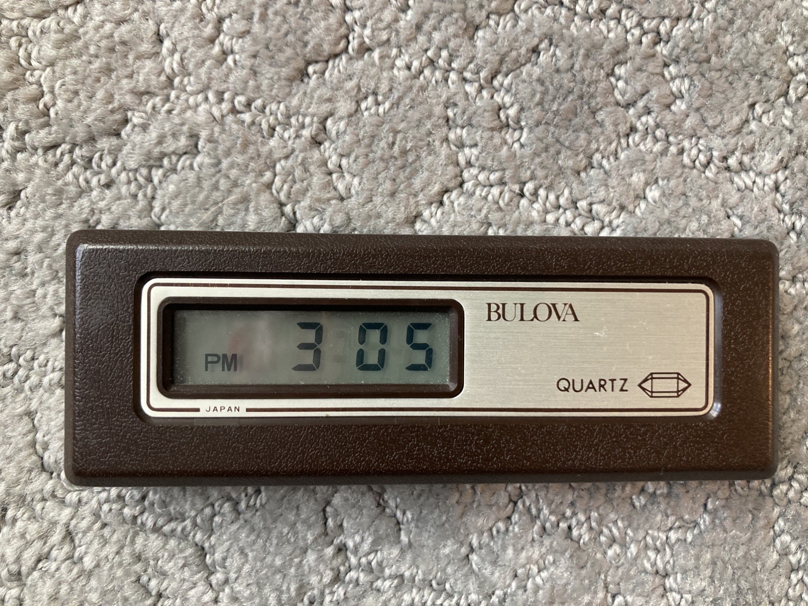 Vintage Bulova Quartz LCD Travel Brown-Gold Alarm Clock with Pouch Made in Japan