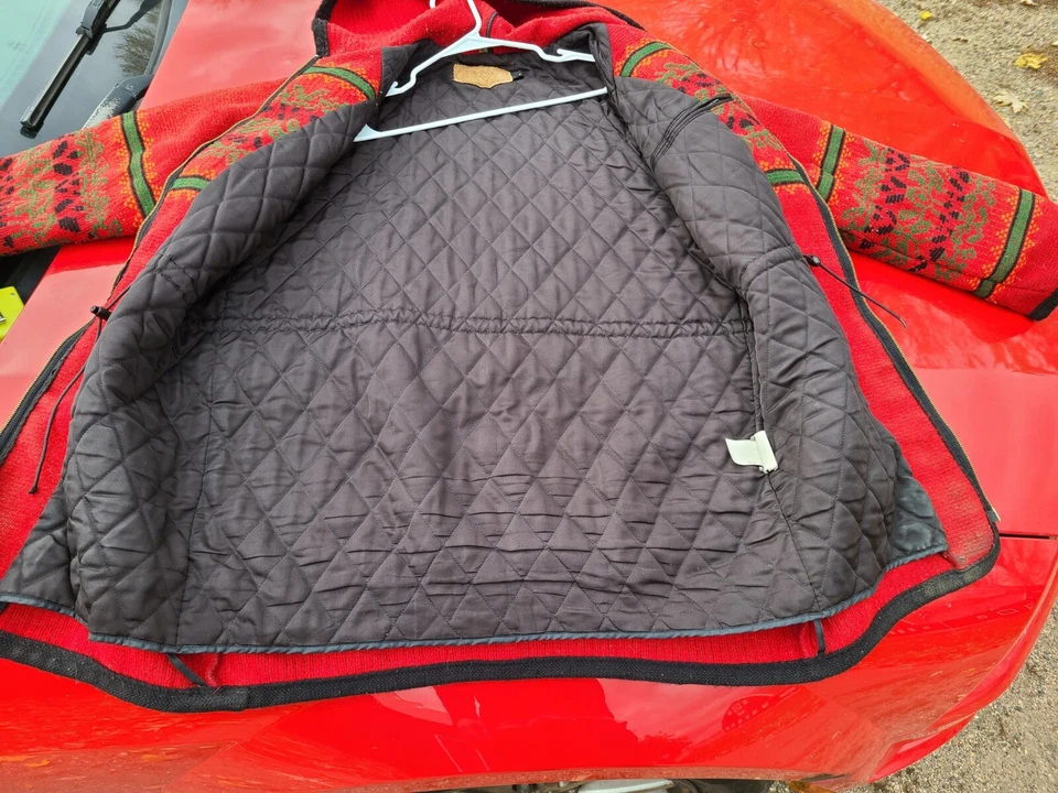 Abrigo Chaqueta de Lana Woolrich Para Mujer Cremallera Frontal Suroeste Azteca Con Capucha Rojo Talla L Foto 3 de 4