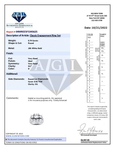 Set Anello di Fidanzamento Classico 1,66ct D/SI1 Rotondo Diamanti Naturali Certificati 18k - Foto 3 di 3