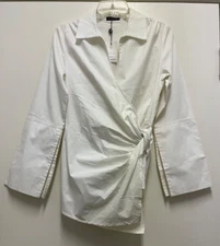 NWT JOSIE NATORI BLOUSE - White Cotton Fitted Wrap Long Sleeve, Side Zip Size 4