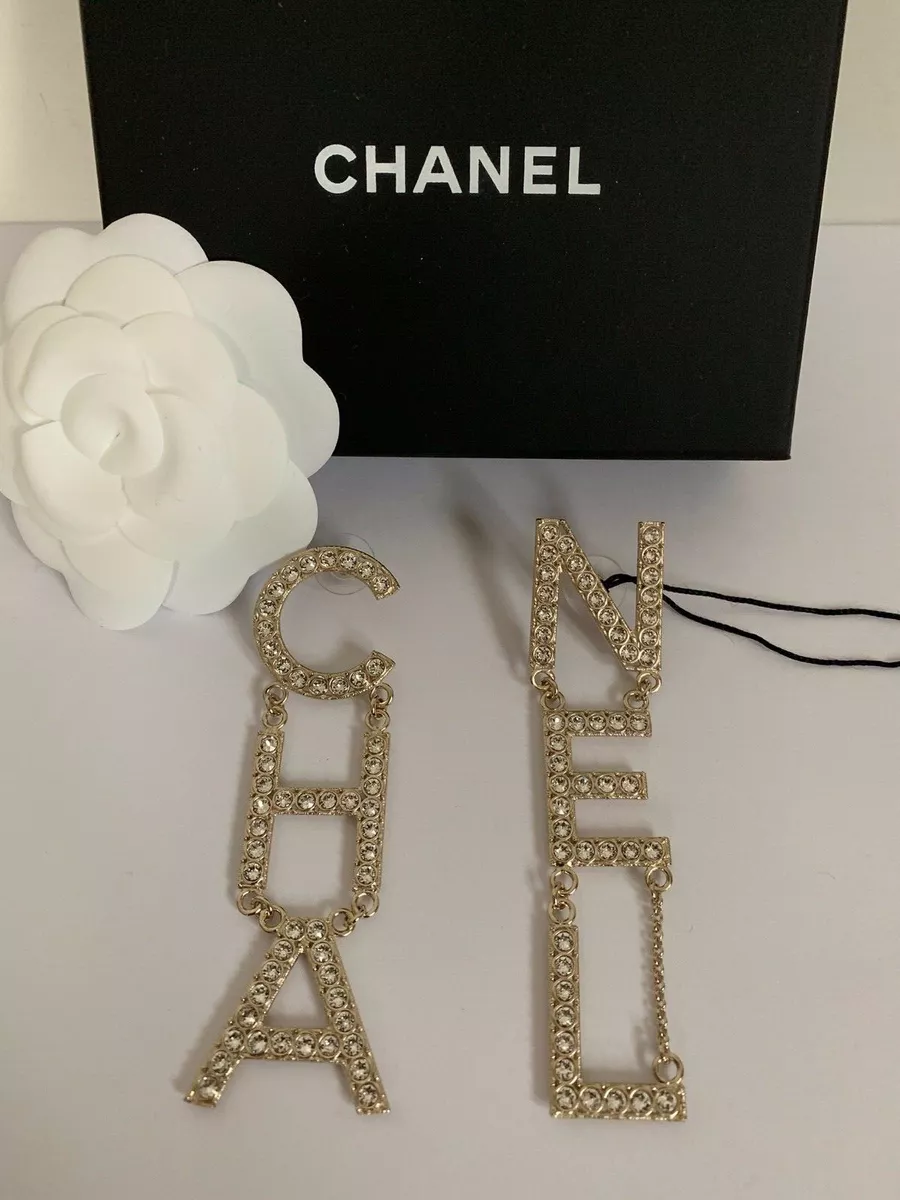 NWT Chanel RUNWAY CHA NEL Letter Logo Crystal Statement Earrings w