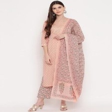 Women Pure Cotton 3/4 Sleeve Round Neck Casual Daily Wear Kurta Palazzo Duppata