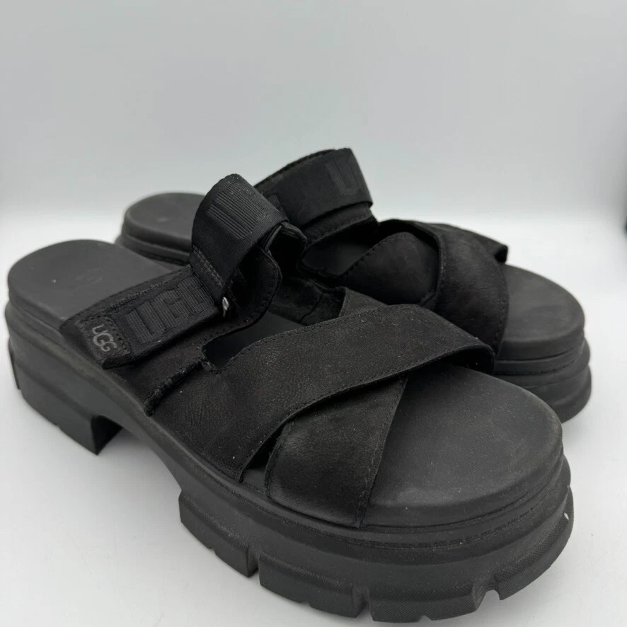 UGG Ashton sandali slide donna nero pelle nabuk plateau taglia 10