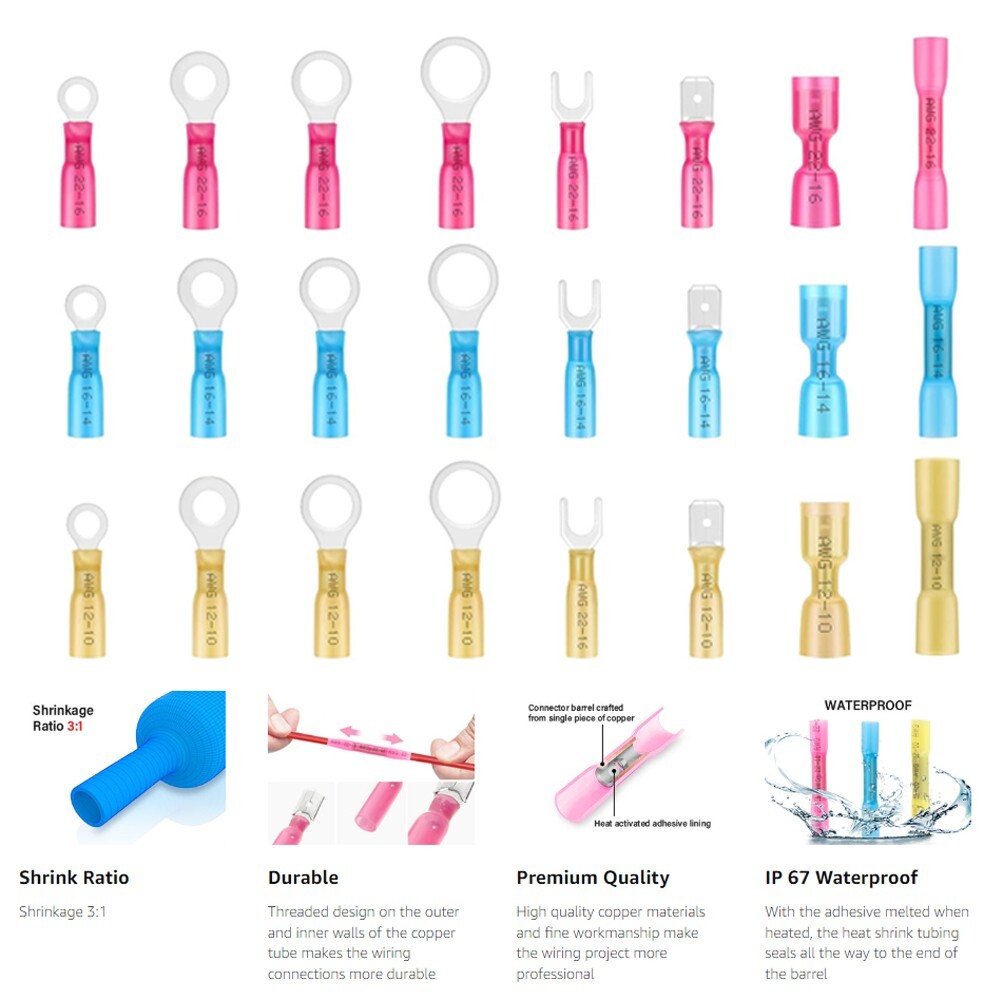 250x Heat Shrink Wire Connectors Electrical Ring Fork Spade Crimp Terminals Kit