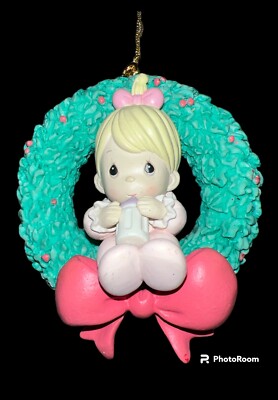 Vintage Precious Moments 3" Ornament Enesco Baby Girl Wreath Red Bow | eBay