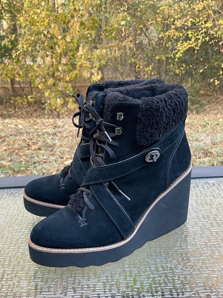 COACH KENNA Women s Size 10 B Black Suede Leather Shearling Wedges