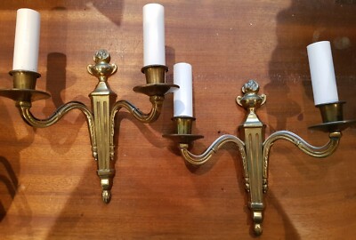 2 antike Wandlampen Wandkerzenhalter Zweiflammig Messing Empire