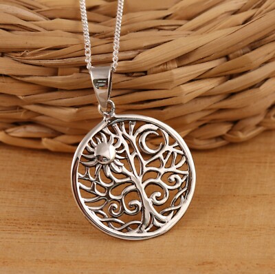 925 Sterlingsilber Baum des Lebens Halbmond Mond und Sonne Anhänger Halskette Geschenkbox