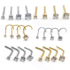 Gold Tone Clear 18G 20G Nose Stud 4 PC 1.5-3mm Bone L Shape Rings Ring Screws