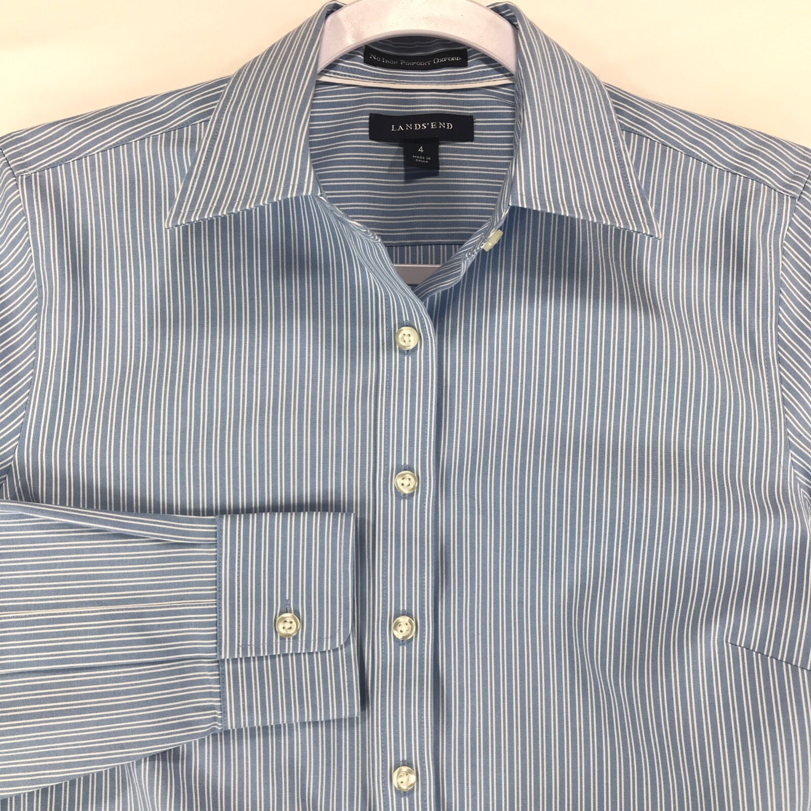 Lands End No Iron Oxford Shirt Womens 4 Blue White Cotton Striped Long