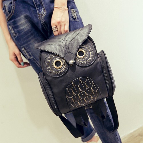 Frauen Eule Rucksack Geprägte Reißverschluss Schultasche Daypacks BookbagSchwarz - Picture 1 of 7